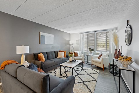 a living room with couches and chairs and a coffee table